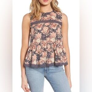Current/Elliott Floral Peplum Sleeveless Top w/ Lace Trim